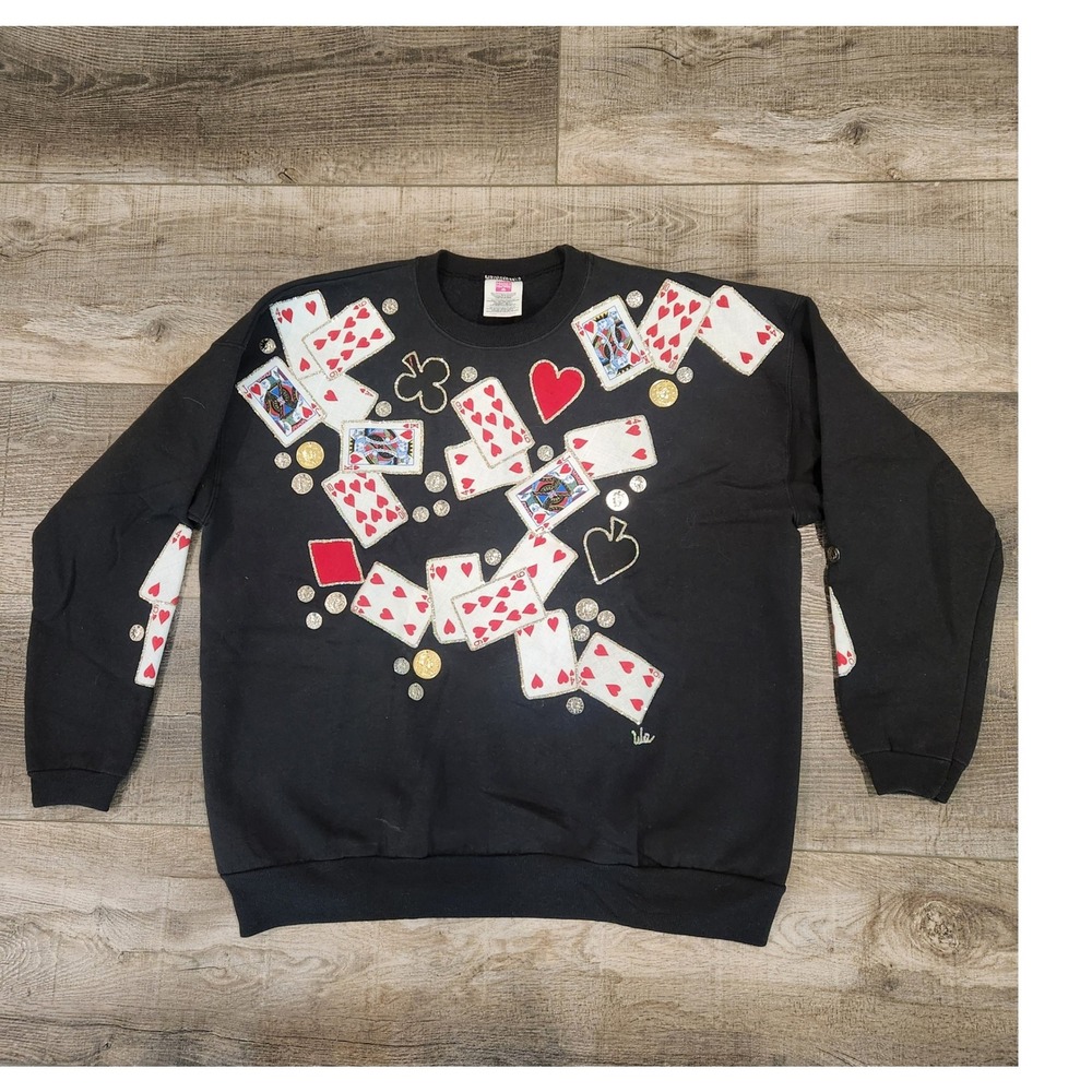 Hanes Her Way OOAK Sweatshirt Womens XL Black Good Vintage Playing Cards Casino